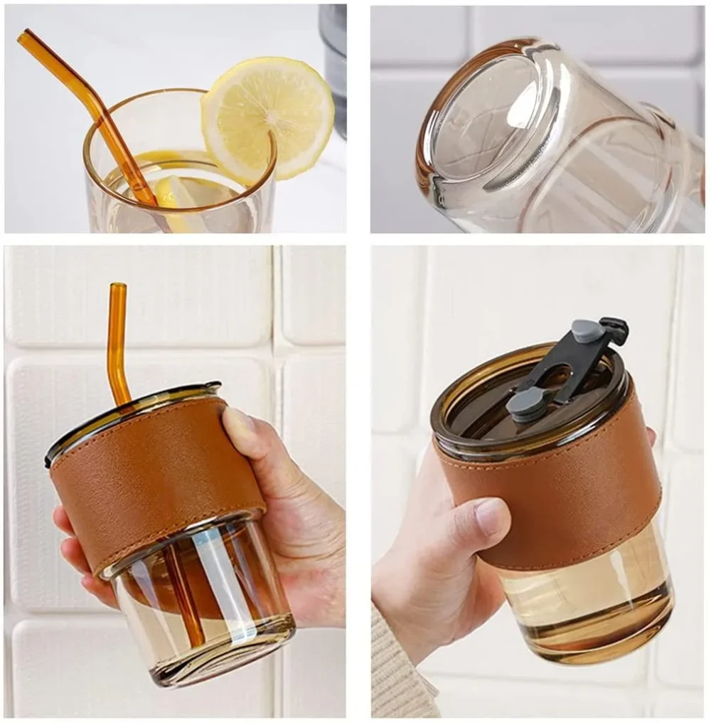 Leak-Proof Glass Tumbler Cup, 400ml Clear Reusable Smoothie Mugs with Leak Proof Lid and Heat Resistant Leather Band - Image 5