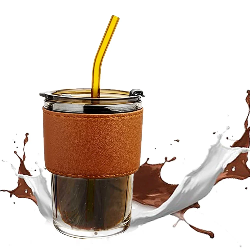 Leak-Proof Glass Tumbler Cup, 400ml Clear Reusable Smoothie Mugs with Leak Proof Lid and Heat Resistant Leather Band - Image 3