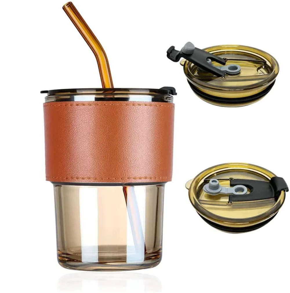 Leak-Proof Glass Tumbler Cup, 400ml Clear Reusable Smoothie Mugs with Leak Proof Lid and Heat Resistant Leather Band