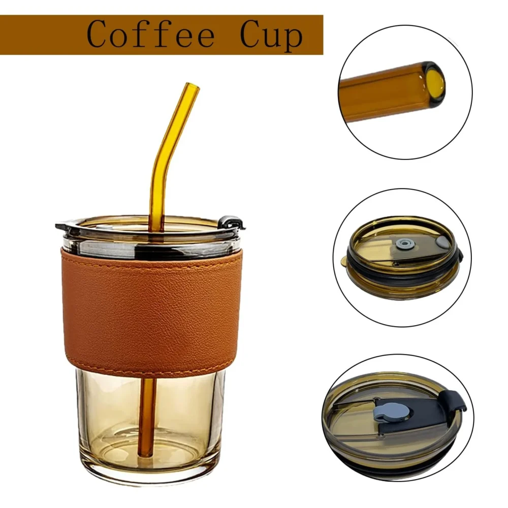 Leak-Proof Glass Tumbler Cup, 400ml Clear Reusable Smoothie Mugs with Leak Proof Lid and Heat Resistant Leather Band - Image 4